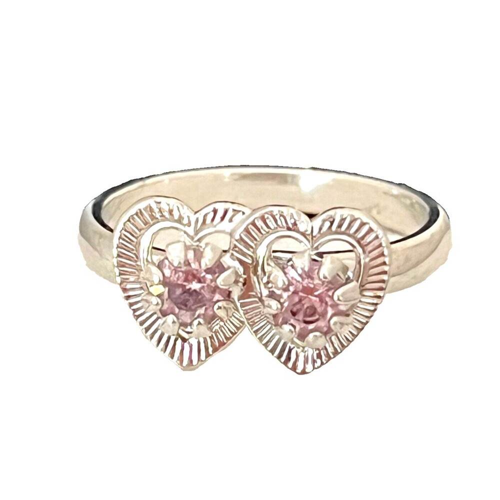Vintage 1960s Heart Ring Silver Tone Pink Rhinestones Mid Century Modern - 4J